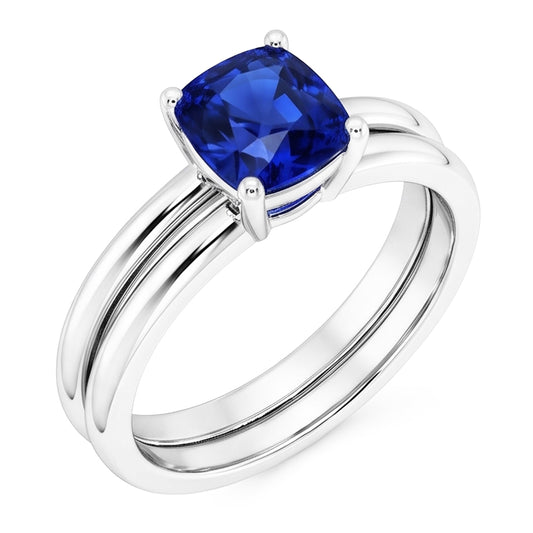 Cushion Solitaire Blue Sapphire Engagement Ring Set 1 Carat