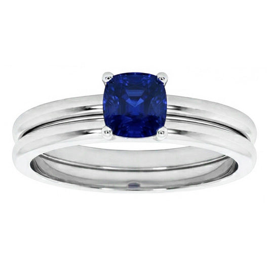 Cushion Solitaire Blue Sapphire Engagement Ring Set 1 Carat