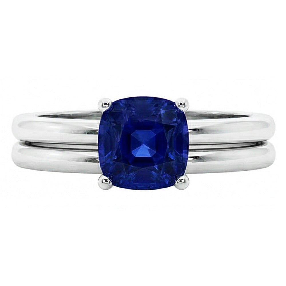 Cushion Solitaire Blue Sapphire Engagement Ring Set 1 Carat