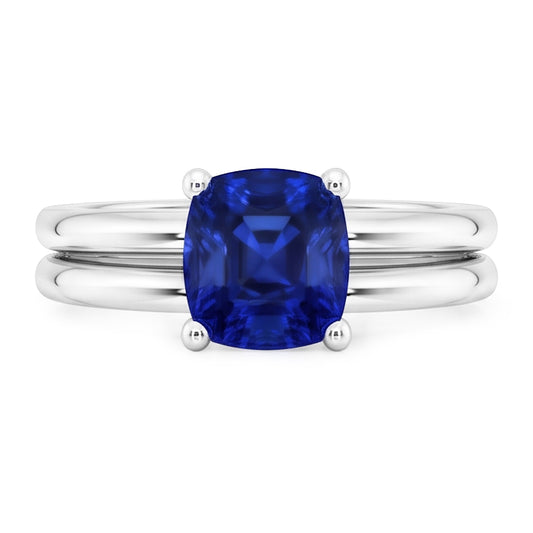 Cushion Solitaire Blue Sapphire Engagement Ring Set 1 Carat