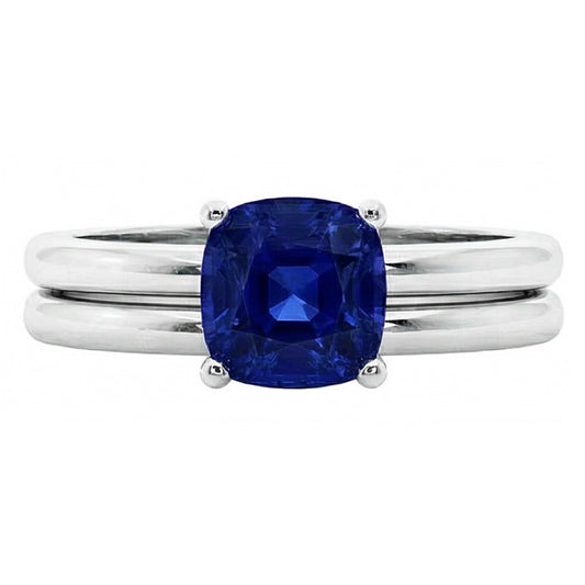 Cushion Solitaire Blue Sapphire Engagement Ring Set 1 Carat