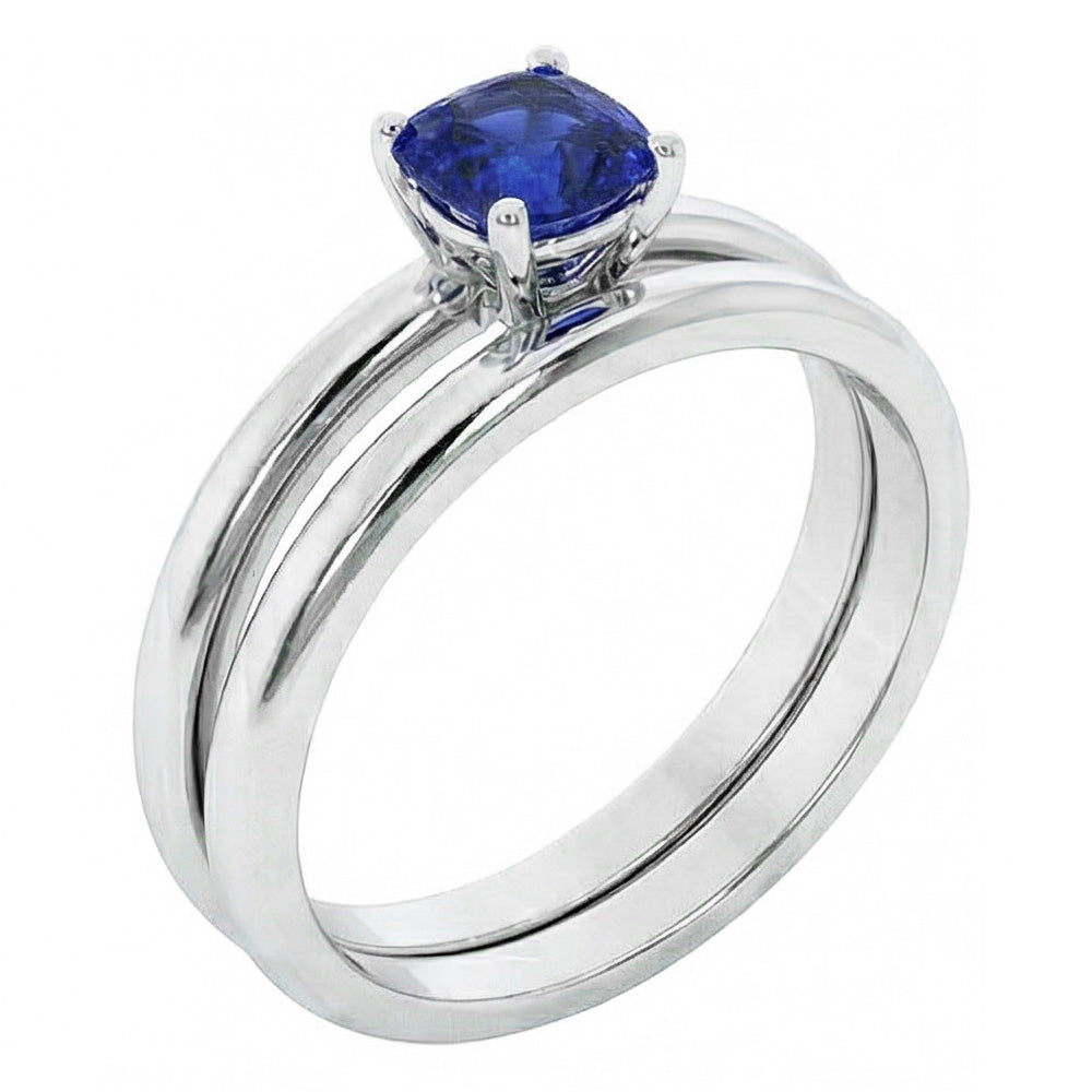 Cushion Solitaire Blue Sapphire Engagement Ring Set 1 Carat