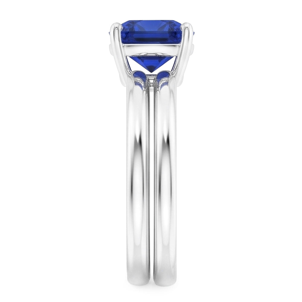 Cushion Solitaire Blue Sapphire Engagement Ring Set 1 Carat
