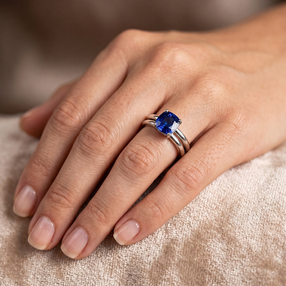 Cushion Solitaire Blue Sapphire Engagement Ring Set 1 Carat