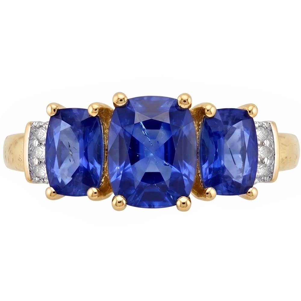 Cushion Sri Lanka Blue Sapphire Natural Earth Mined DIAMOND ( NOT LAB GROWN ) Ring 3-Stone 5.26 Carat YG 14K