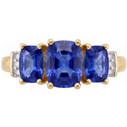 Cushion Sri Lanka Blue Sapphire Natural Earth Mined DIAMOND ( NOT LAB GROWN ) Ring 3-Stone 5.26 Carat YG 14K
