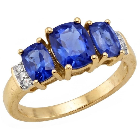 Cushion Sri Lanka Blue Sapphire Natural Earth Mined DIAMOND ( NOT LAB GROWN ) Ring 3-Stone 5.26 Carat YG 14K