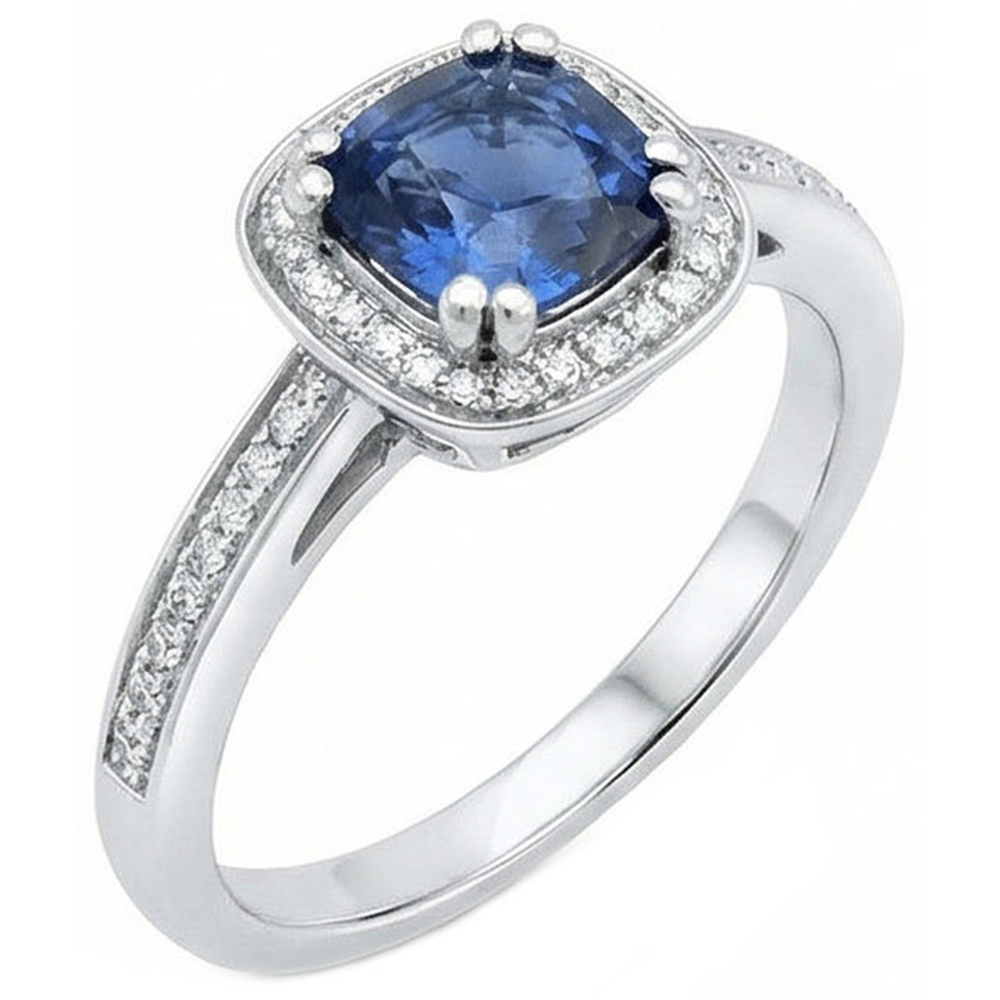 Cushion Sri Lanka Blue Sapphire Natural Earth Mined DIAMOND ( NOT LAB GROWN ) Ring Solid Gold 1.70 Ct