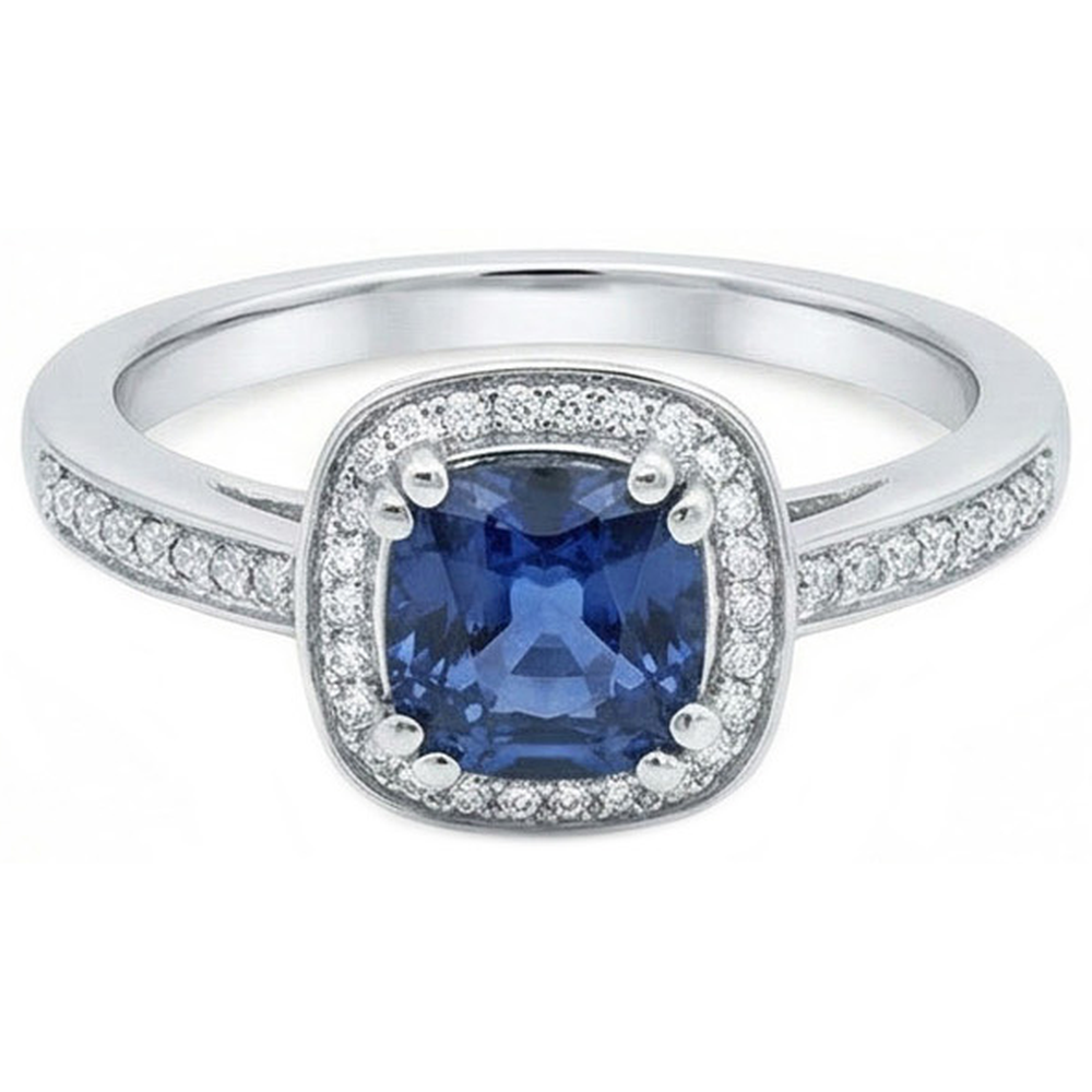 Cushion Sri Lanka Blue Sapphire Natural Earth Mined DIAMOND ( NOT LAB GROWN ) Ring Solid Gold 1.70 Ct