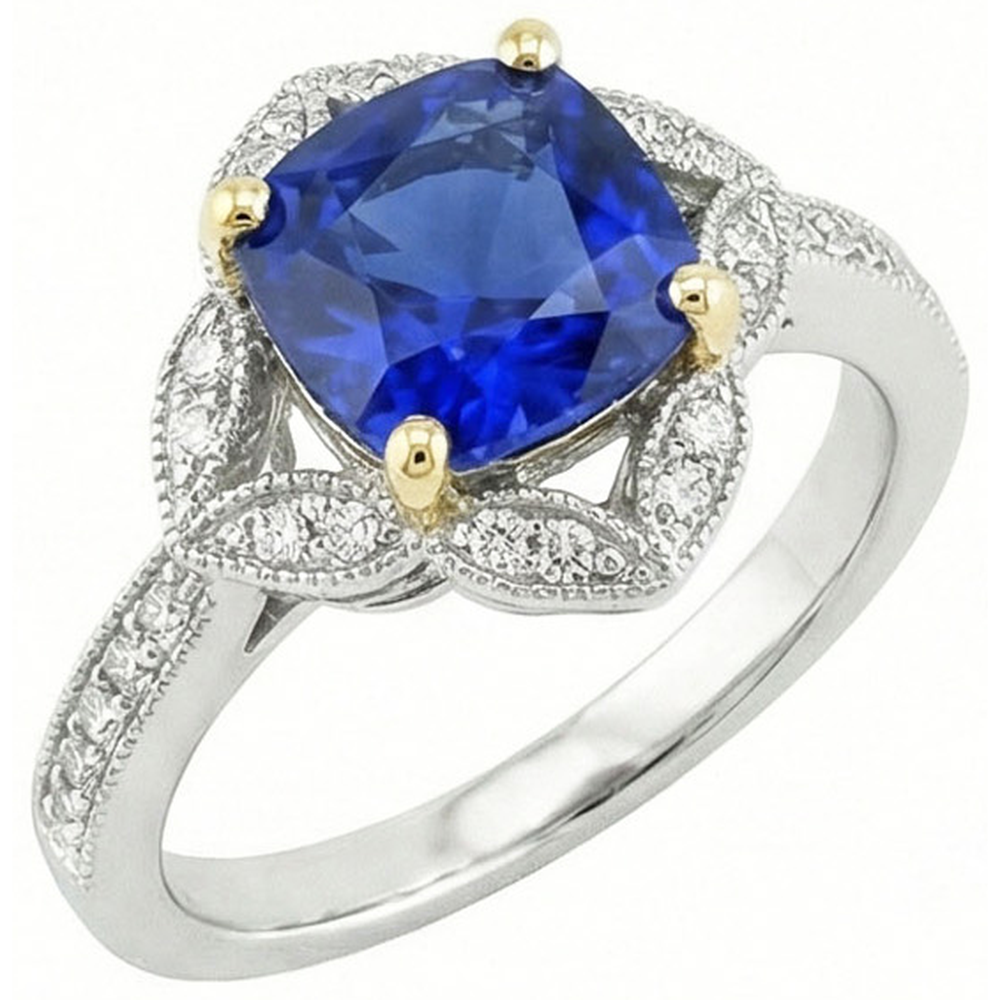 Cushion Sri Lanka Sapphire Natural Earth Mined DIAMOND ( NOT LAB GROWN )s Ring 5.66 Ct. Two Tone Gold