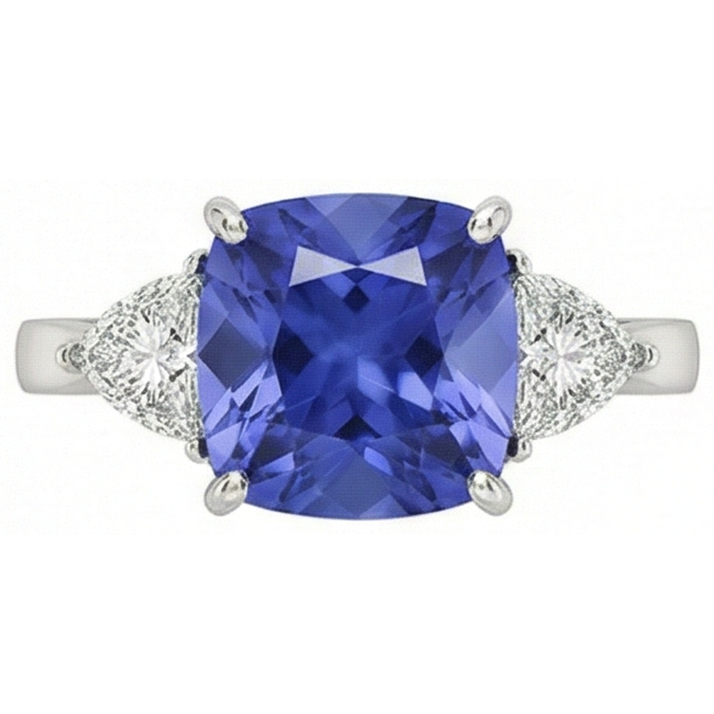 Cushion Tanzanite AAA Natural Earth Mined DIAMOND ( NOT LAB GROWN )s 3 Carat 3-Stone Ring White Gold 14K