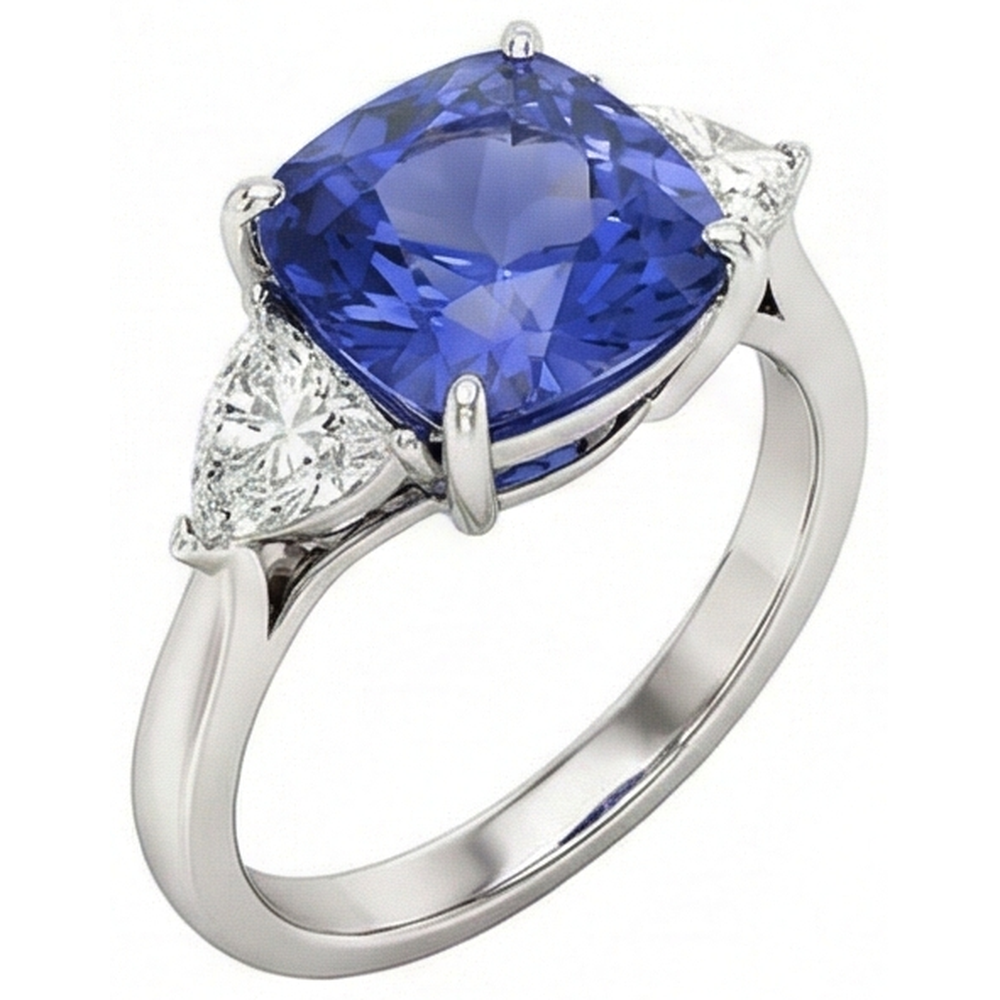 Cushion Tanzanite AAA Natural Earth Mined DIAMOND ( NOT LAB GROWN )s 3 Carat 3-Stone Ring White Gold 14K