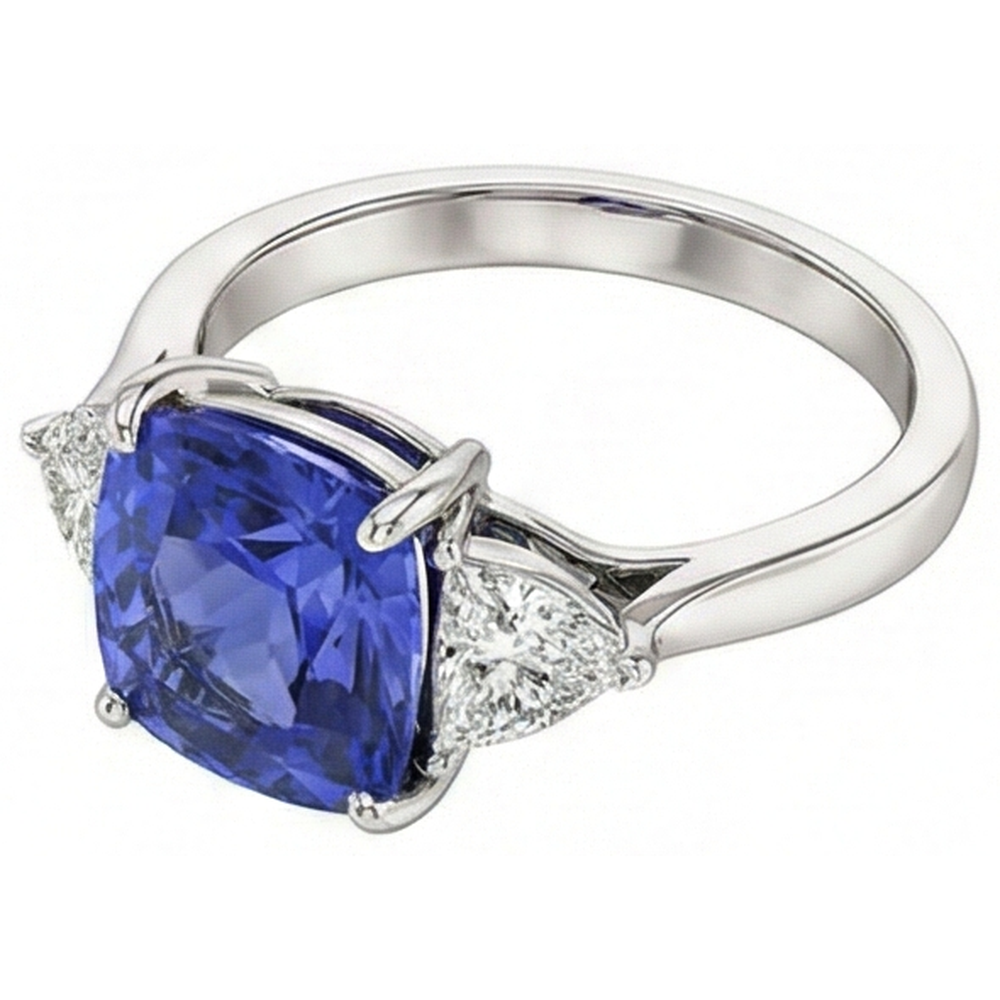 Cushion Tanzanite AAA Natural Earth Mined DIAMOND ( NOT LAB GROWN )s 3 Carat 3-Stone Ring White Gold 14K