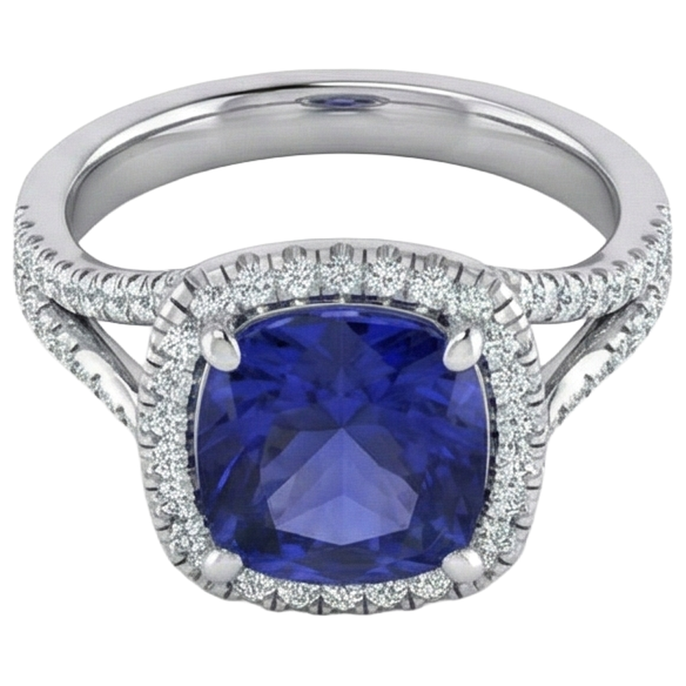 Cushion Tanzanite Halo Gemstone Ring 6.50 Carats Split Shank