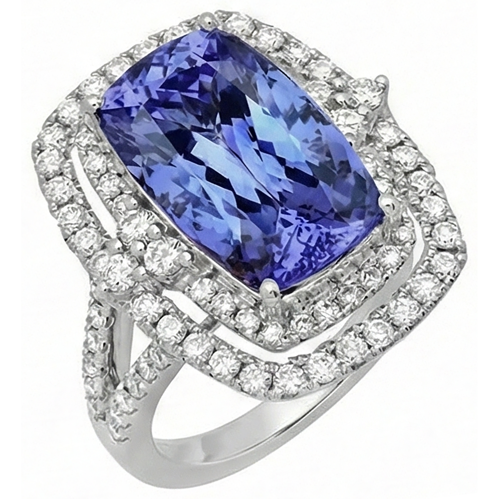 Cushion Tanzanite & Natural Earth Mined DIAMOND ( NOT LAB GROWN ) 7 Carats Halo Fancy Ring Gold White 14K