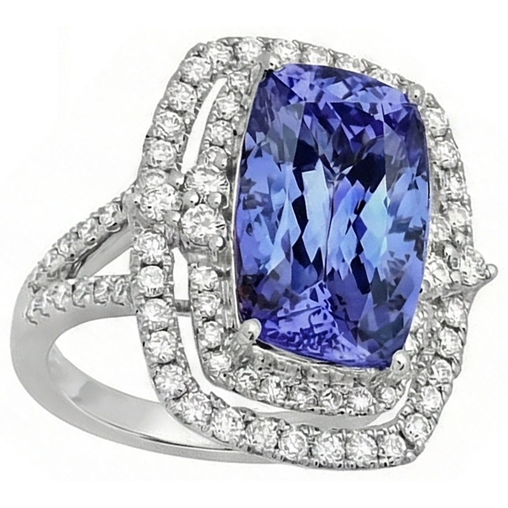 Cushion Tanzanite & Natural Earth Mined DIAMOND ( NOT LAB GROWN ) 7 Carats Halo Fancy Ring Gold White 14K