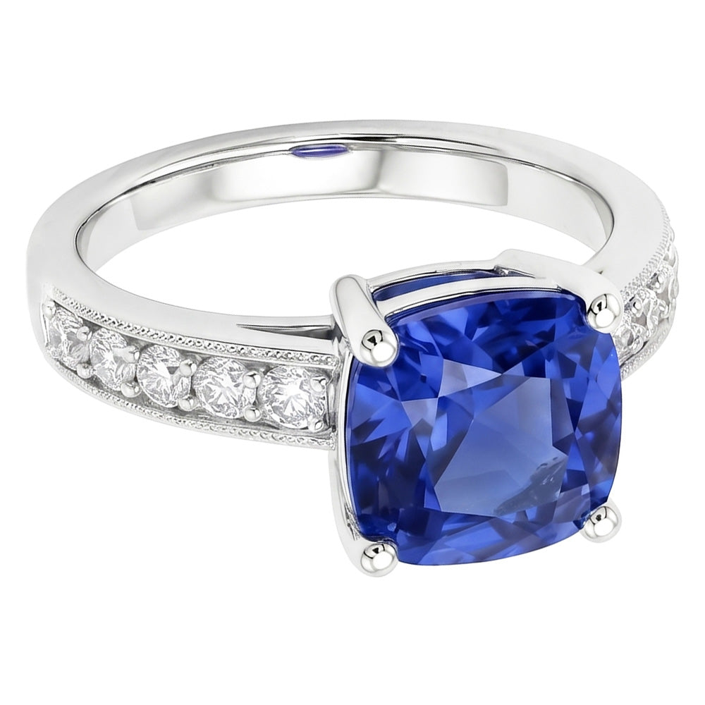 Cushion & Round Cut 3.30 Carats Ceylon Sapphire Natural Earth Mined DIAMOND ( NOT LAB GROWN )s Ring WG 14K