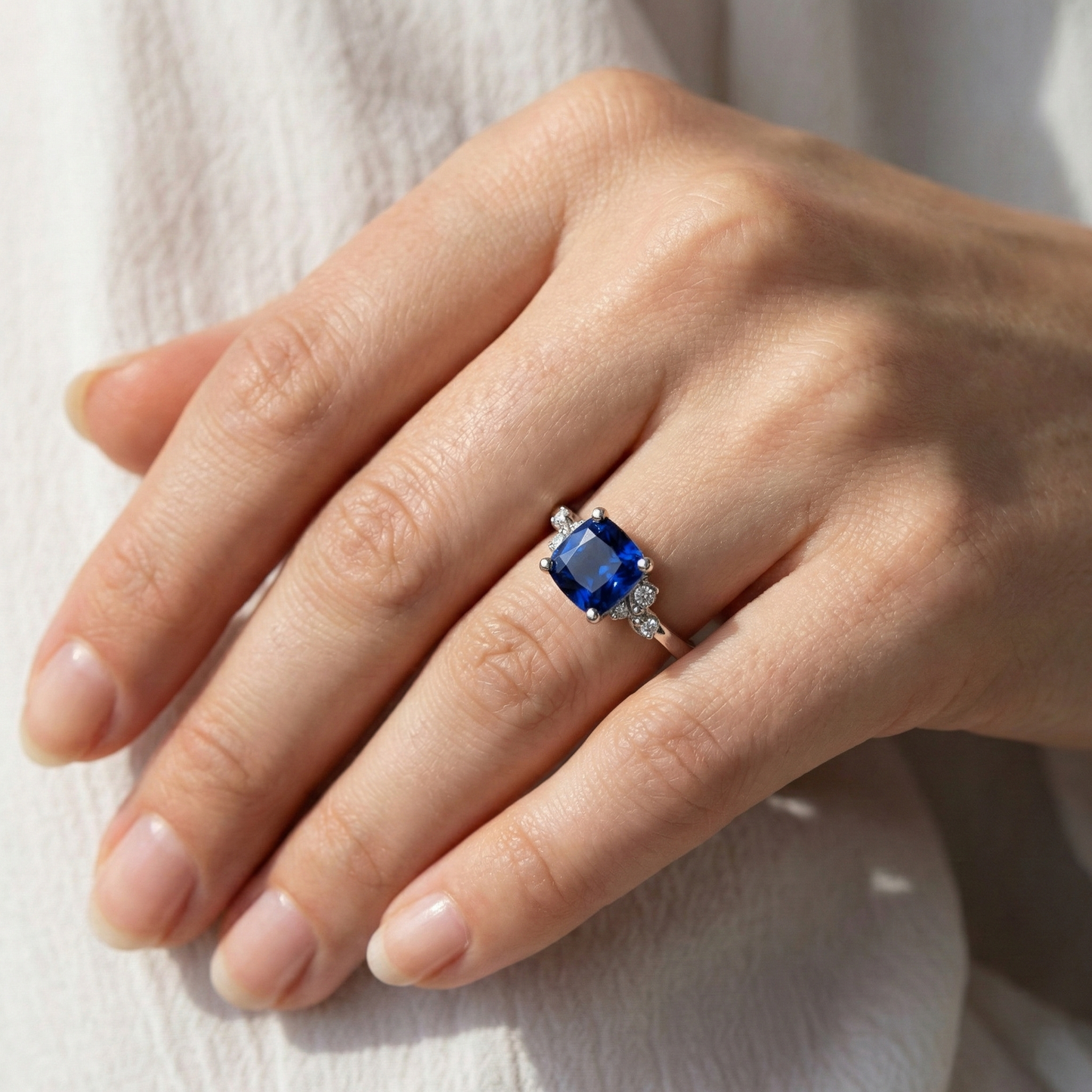 Cushion Blue Sapphire & Natural Earth Mined Diamond Engagement Ring 2.50 Carats White Gold