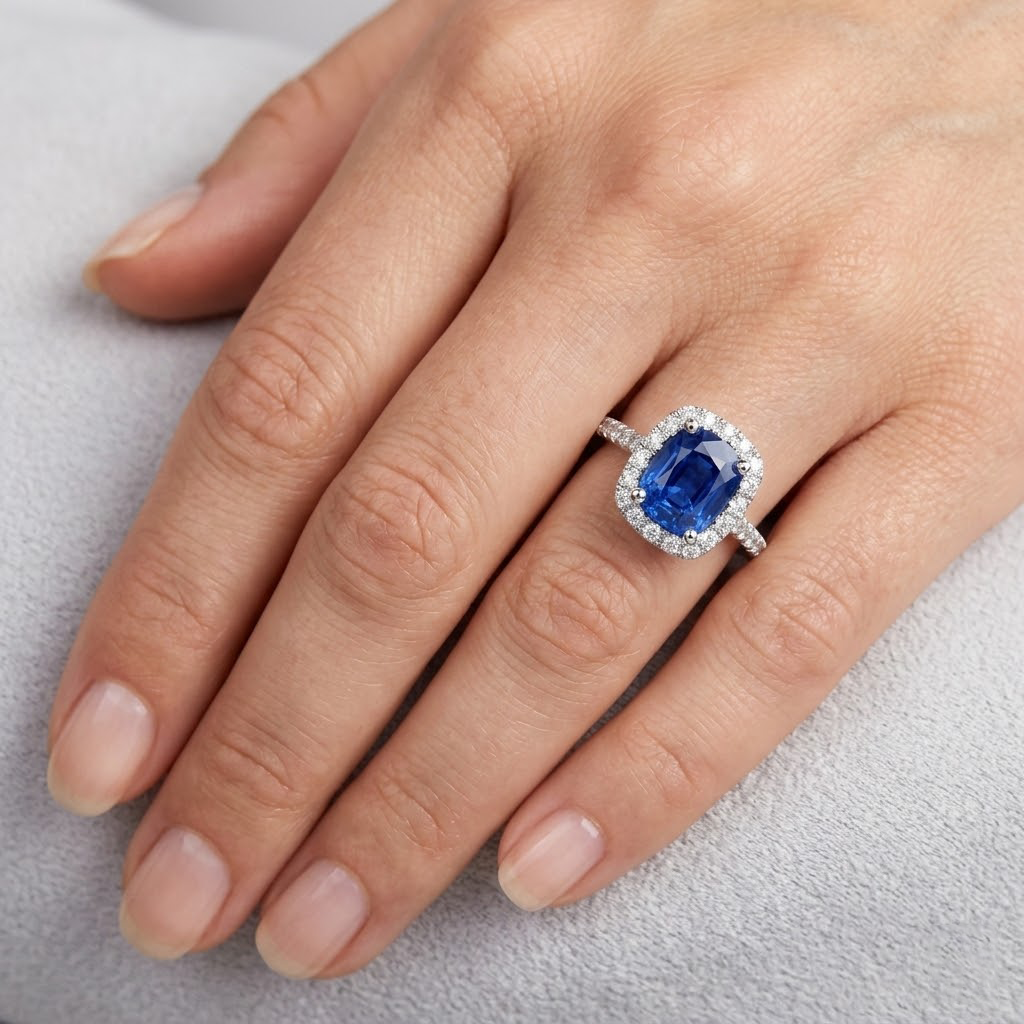 Cushion Ceylon Sapphire Natural Earth Mined DIAMOND ( NOT LAB GROWN ) Ring Gold Jewellery 3.00 Ct