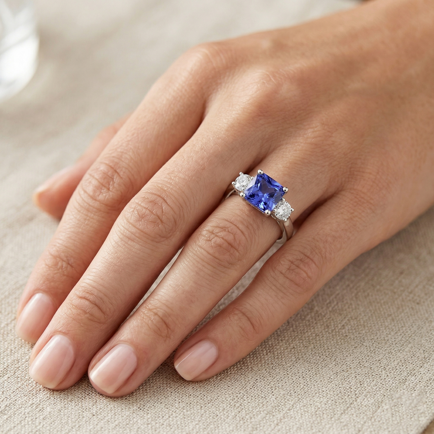 Cushion Ceylon Sapphire Natural Earth Mined Diamond 3 Stone Ring 3.25 Carats