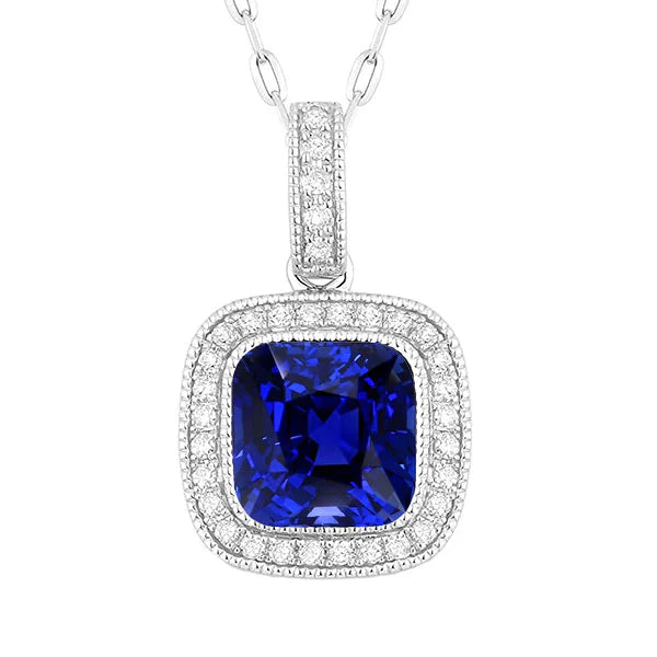 Blue Sapphire Cushion Stone Pendant Necklace in 14 Karat White Gold – main view