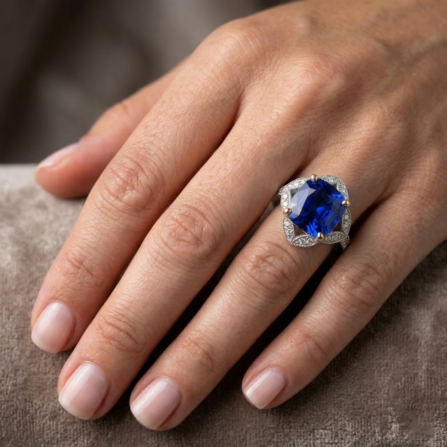 Cushion Sri Lanka Sapphire Natural Earth Mined DIAMOND ( NOT LAB GROWN )s Ring 5.66 Ct. Two Tone Gold