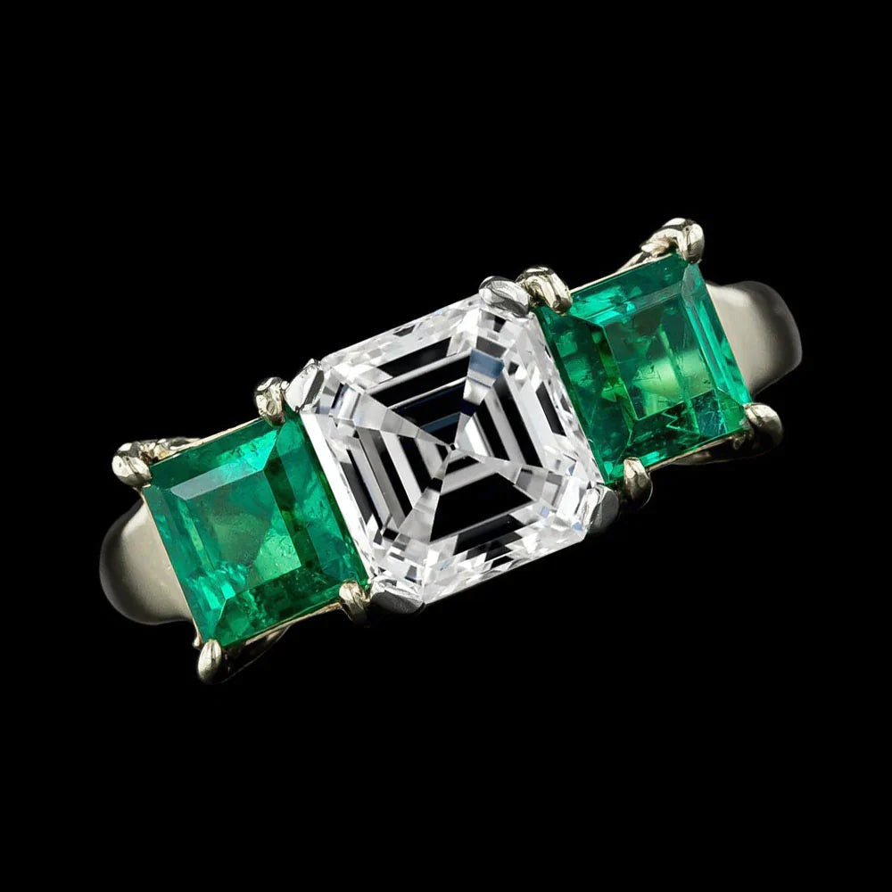 Custom Jewelry Real Asscher Diamond Emerald Ring 3 Stone