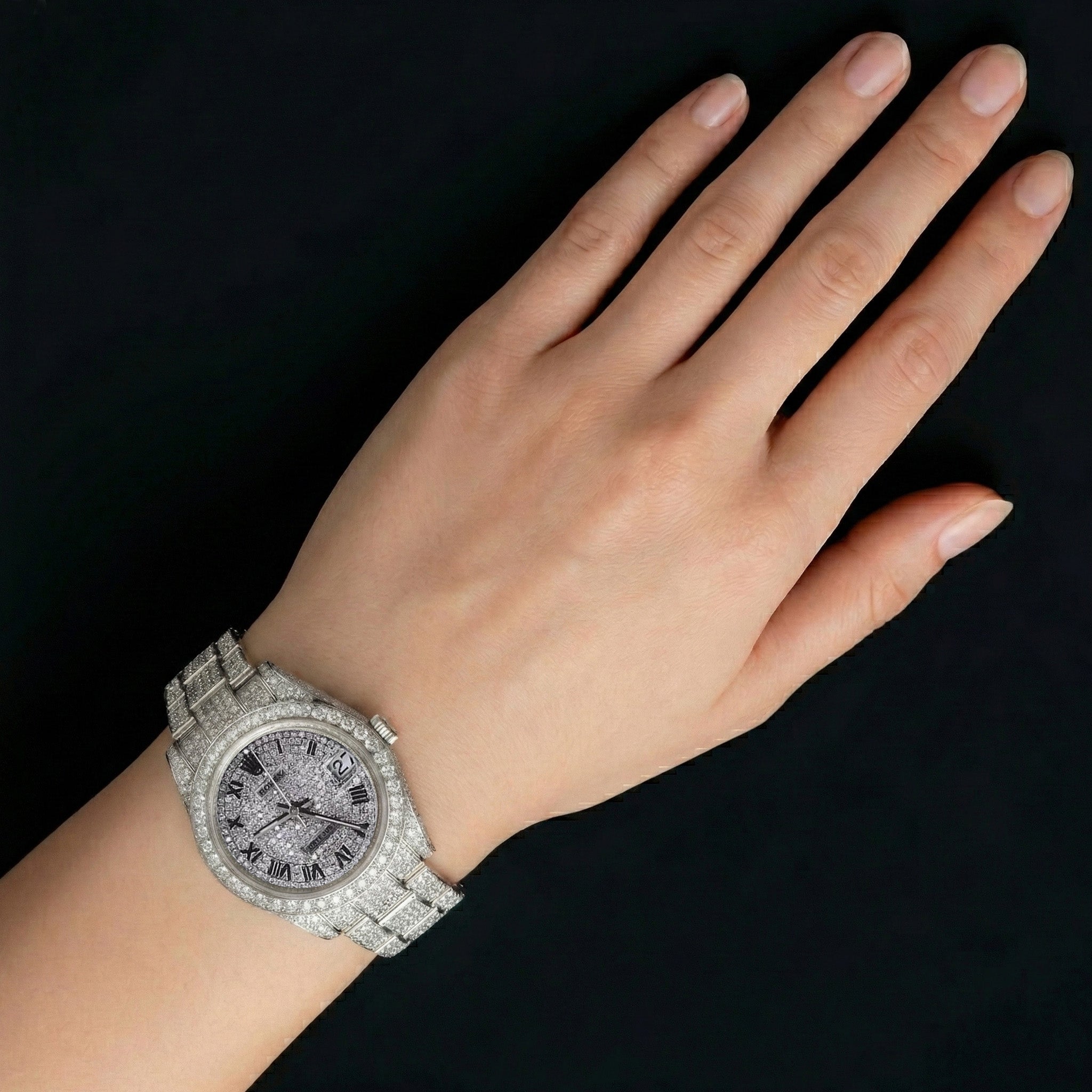 Custom Natural Earth Mined Diamond Dial & Bezel Rolex Watch Datejust Ladies Bracelet Ss