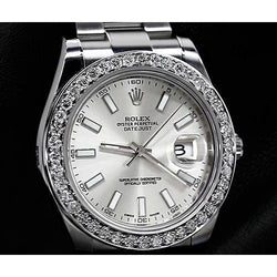 Custom Natural Earth Mined Diamond Bezel Men Rolex Watch Silver Stick Dial Datejust Ii