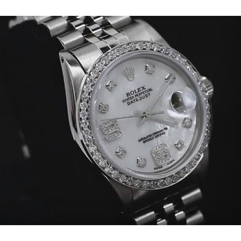 Custom Diamond Bezel Mop Dial Rolex date just Gents Watch Ss Bracelet-QUICK SET