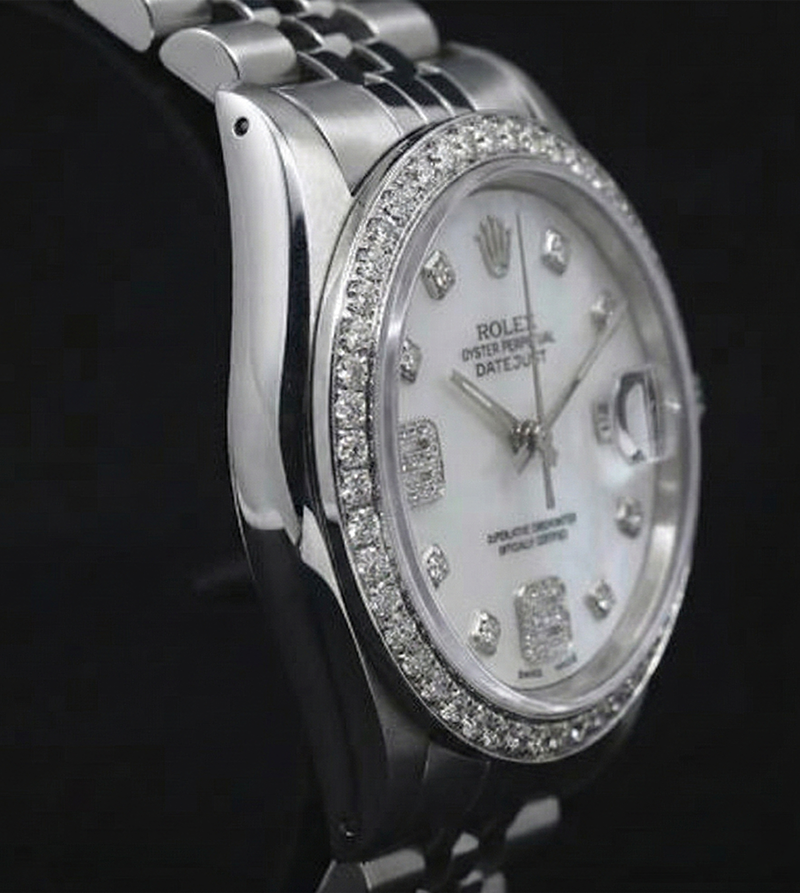 Custom Diamond Bezel Mop Dial Rolex date just Gents Watch Ss Bracelet QUICK SET