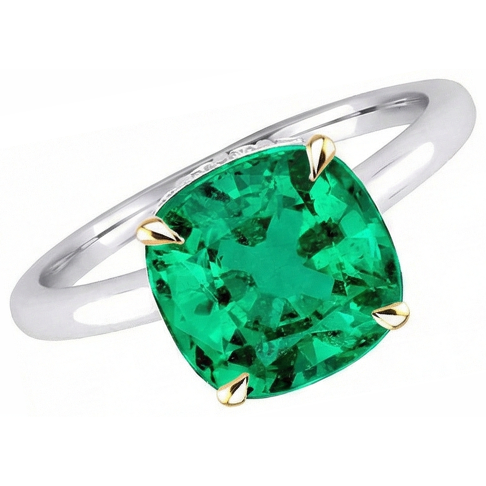 Emerald Cushion Cut Gemstone Ring in 14 Karat Two Tone Gold – angle view