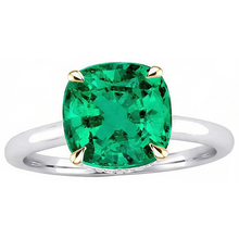 Emerald Cushion Cut Gemstone Ring in 14 Karat Two Tone Gold – profile view