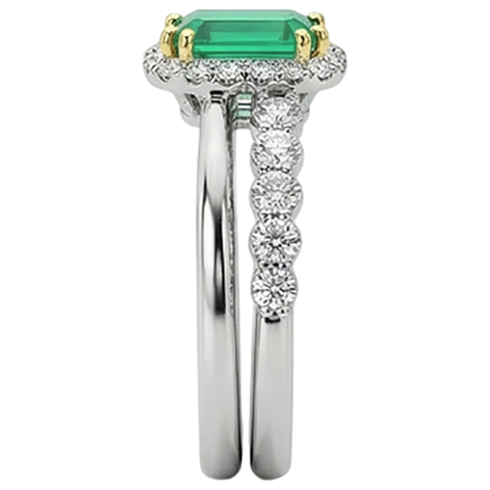Step Cut Emerald ring in 14 Karat Two Tone Gold – top view