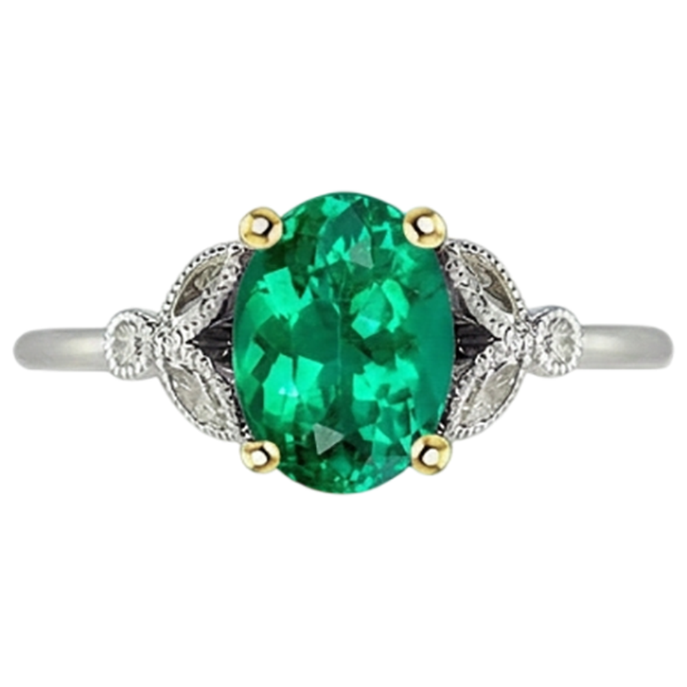 Oval Cut Fine Emerald ring in Two-Tone 14K Gold – profile view