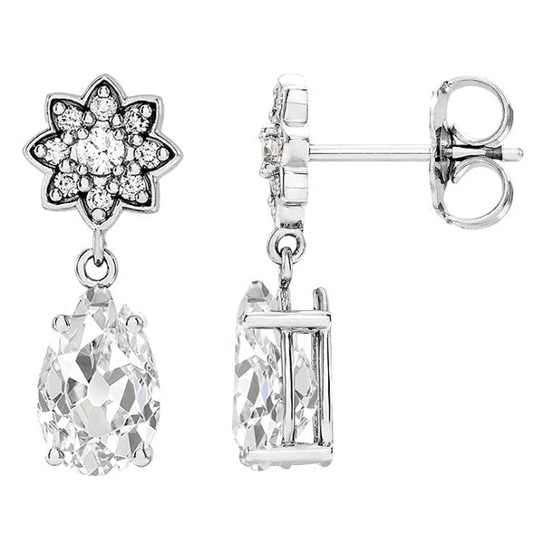 Dangle Earrings Pear Natural Old Miner & Round Diamonds 7.50 Ct. Star Style