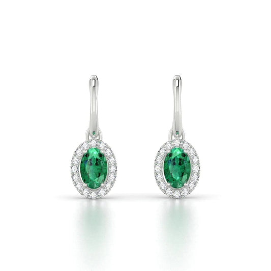 Dangle Hoop Earrings 7.80 Carats Green Emerald & Diamond White Gold 14K
