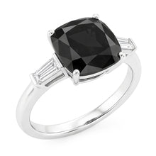 Dark Diamond Engagement Ring 3.6 Carat Real Cushion Black Baguette Three Stone 14K White Gold