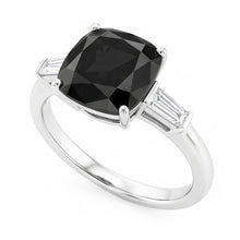 Dark Diamond Engagement Ring 3.6 Carat Real Cushion Black Baguette Three Stone 14K White Gold