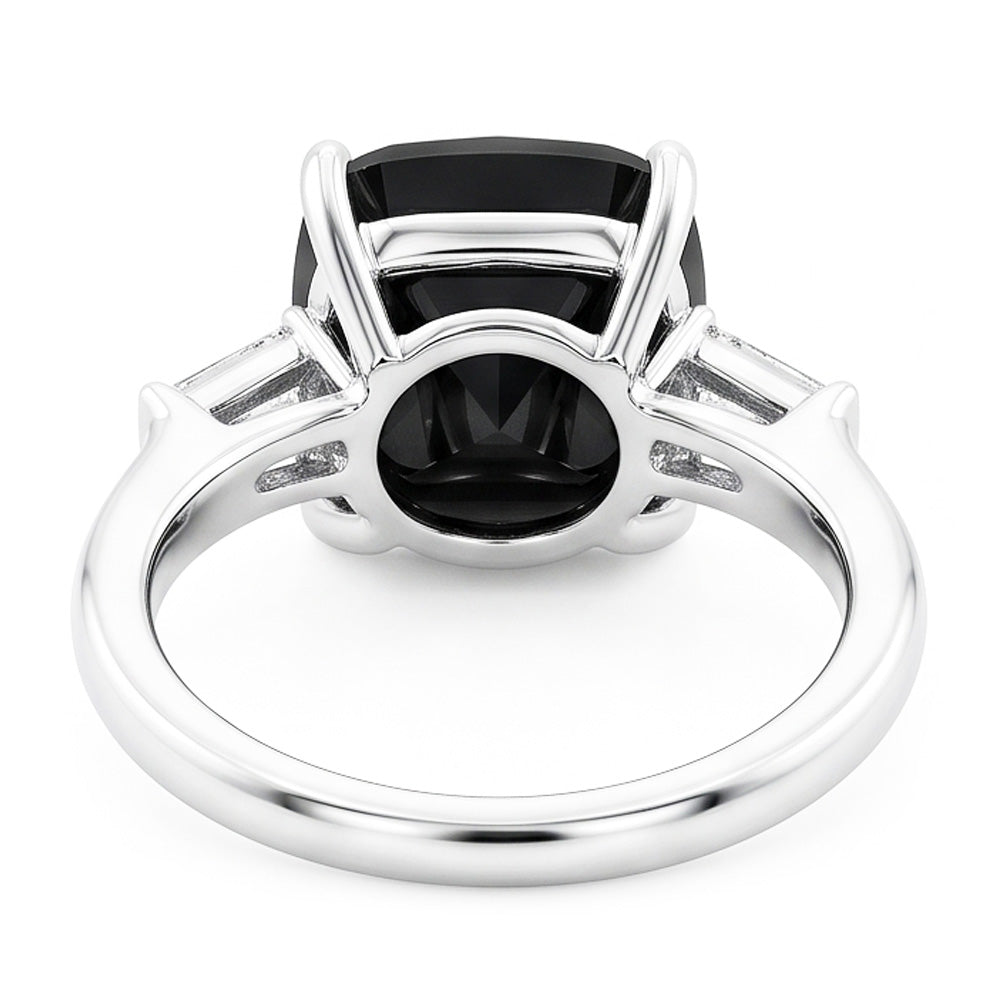 Dark Diamond Engagement Ring 3.6 Carat Real Cushion Black Baguette Three Stone 14K White Gold