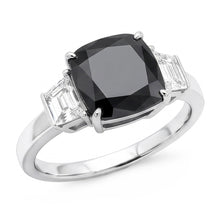Dark Diamond Engagement Ring 4.6 Carat Real Cushion Black Trapezoid Three Stone 14K White Gold