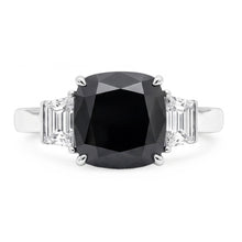 Dark Diamond Engagement Ring 4.6 Carat Real Cushion Black Trapezoid Three Stone 14K White Gold