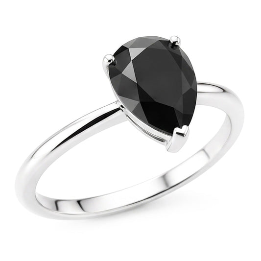 Dark Diamond Engagement Ring 5 Carat Real Pear Black Solitaire Tapered 14K White Gold