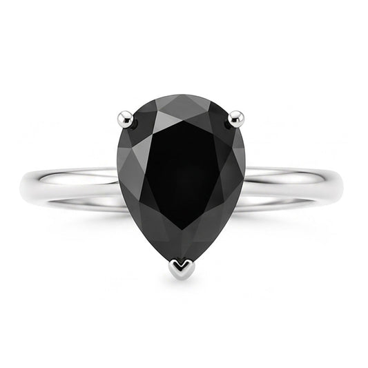 Dark Diamond Engagement Ring 5 Carat Real Pear Black Solitaire Tapered 14K White Gold
