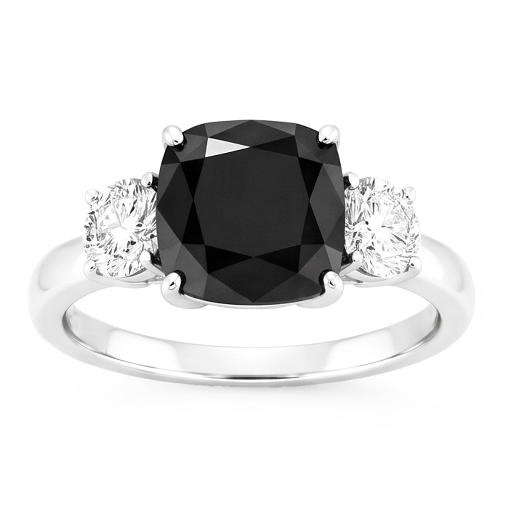 Dark Diamond Engagement Ring 6 Carat Genuine Cushion Black Three Stone 14K White Gold