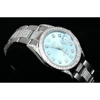 34 Mm Watch Iced Out Custom Diamonds Blue Dial