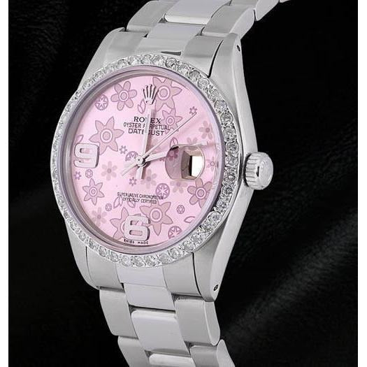 Men Watch Pink Flower Dial Diamond