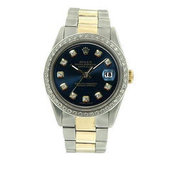 Datejust Watch Black Diamond Dial Bezel Rolex Men Ss & Gold Oyster QUICK SET