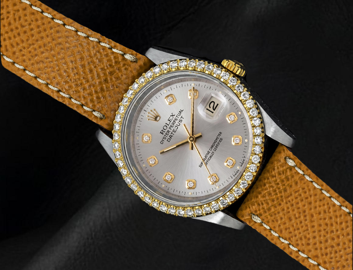 Datejust 16013 Rolex 36mm Silver Diamond Dial Leather Strap Watch