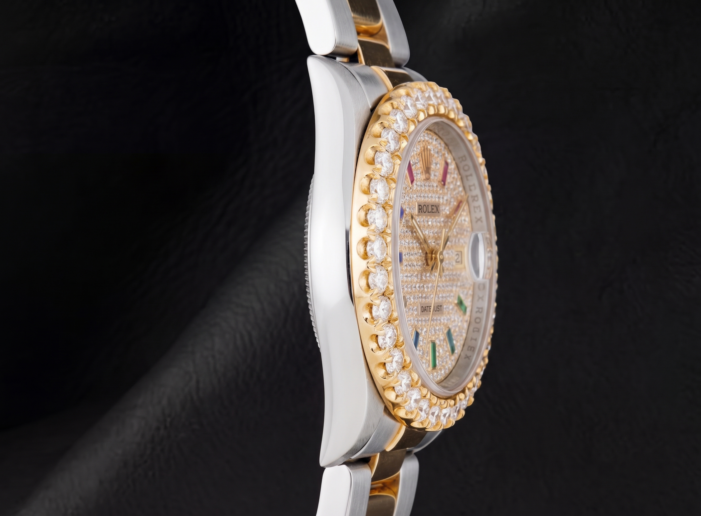 Datejust 16013 Rolex Diamond Paved Rainbow Hour Dial 36mm Watch Two Tone